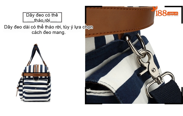 Túi Du Lịch Vải Canvas Da PU Sức Chứa Lớn Đựng Đồ Tập Gym Đi Phượt Màu Xanh Navy Sọc Trắng chi tiết 7