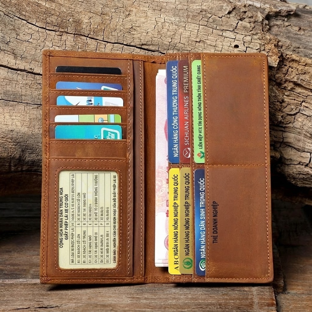 Ví Dài Nam Da Bò Sáp Retro Nhiều Ngăn Đựng Thẻ Tiền Điện Thoại Màu Nâu