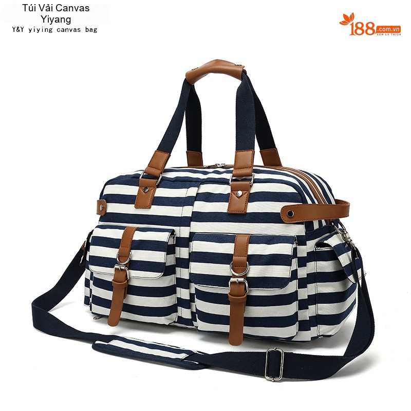 Túi Du Lịch Vải Canvas Da PU Sức Chứa Lớn Đựng Đồ Tập Gym Đi Phượt Màu Xanh Navy Sọc Trắng