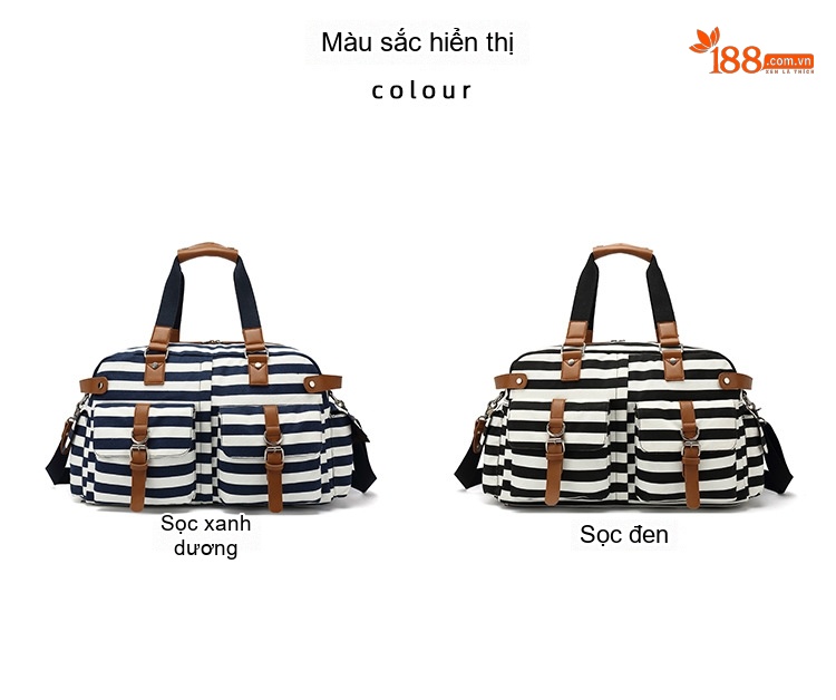 Túi Du Lịch Vải Canvas Da PU Sức Chứa Lớn Đựng Đồ Tập Gym Đi Phượt Màu Xanh Navy Sọc Trắng chi tiết 4