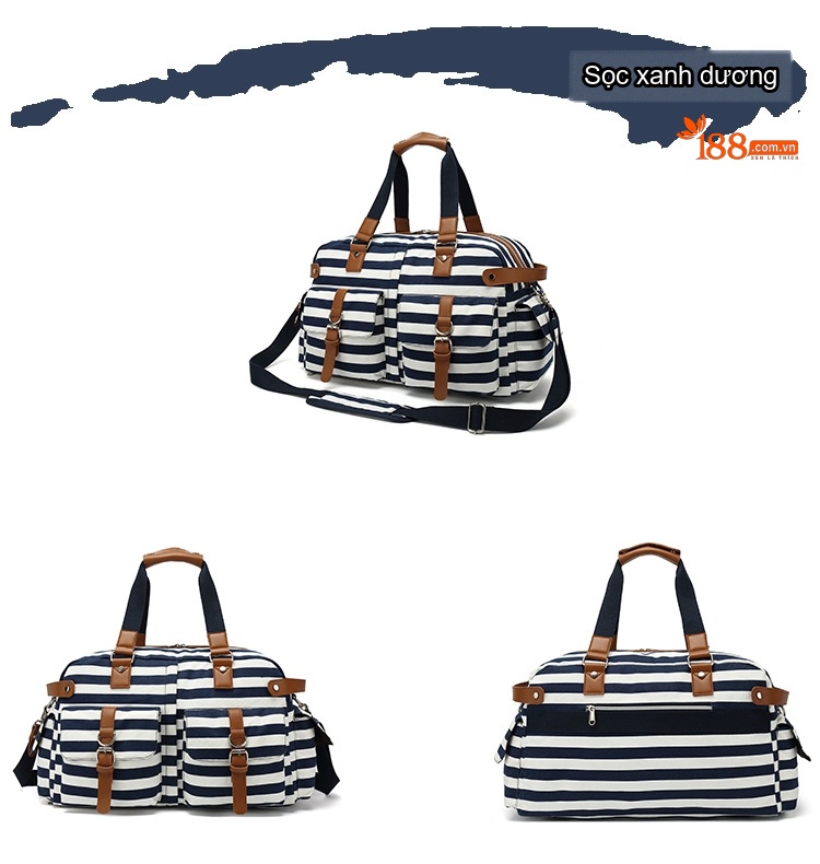 Túi Du Lịch Vải Canvas Da PU Sức Chứa Lớn Đựng Đồ Tập Gym Đi Phượt Màu Xanh Navy Sọc Trắng chi tiết 5