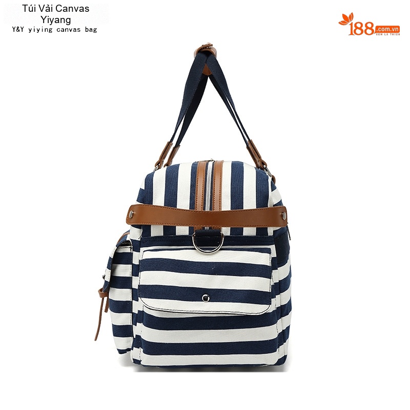 Túi Du Lịch Vải Canvas Da PU Sức Chứa Lớn Đựng Đồ Tập Gym Đi Phượt Màu Xanh Navy Sọc Trắng