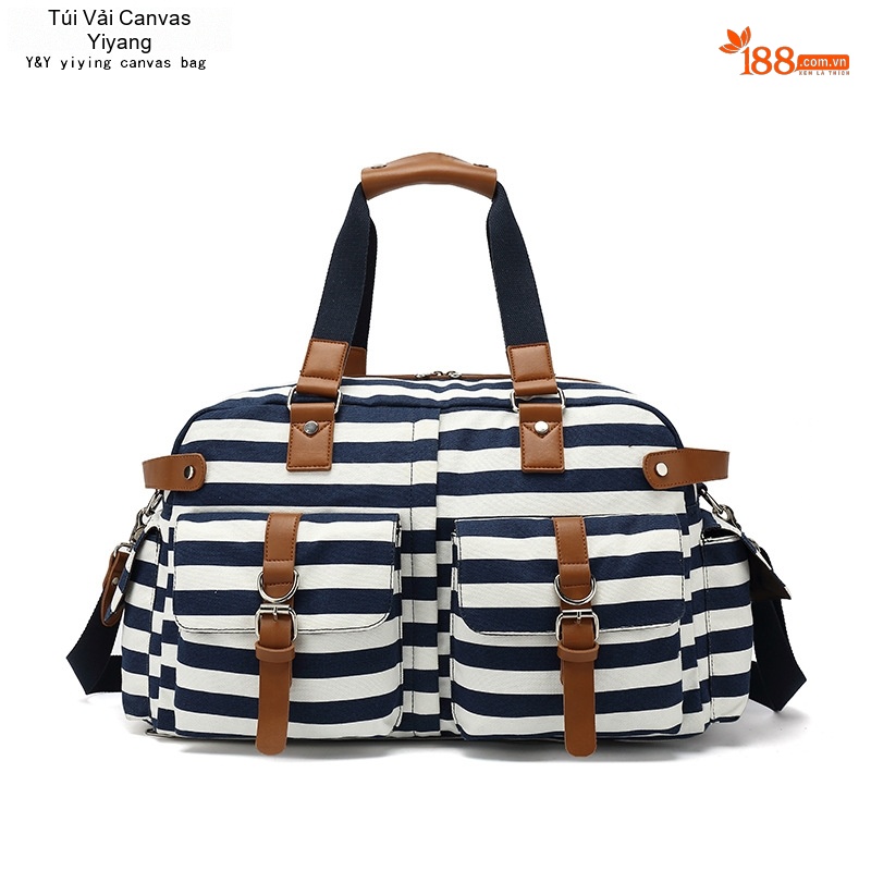 Túi Du Lịch Vải Canvas Da PU Sức Chứa Lớn Đựng Đồ Tập Gym Đi Phượt Màu Xanh Navy Sọc Trắng
