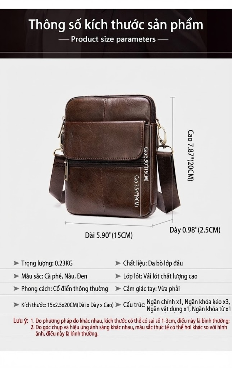 Túi Đeo Chéo Nam Da Bò Thật Phong Cách Casual Màu Nâu, Đen chi tiết 9