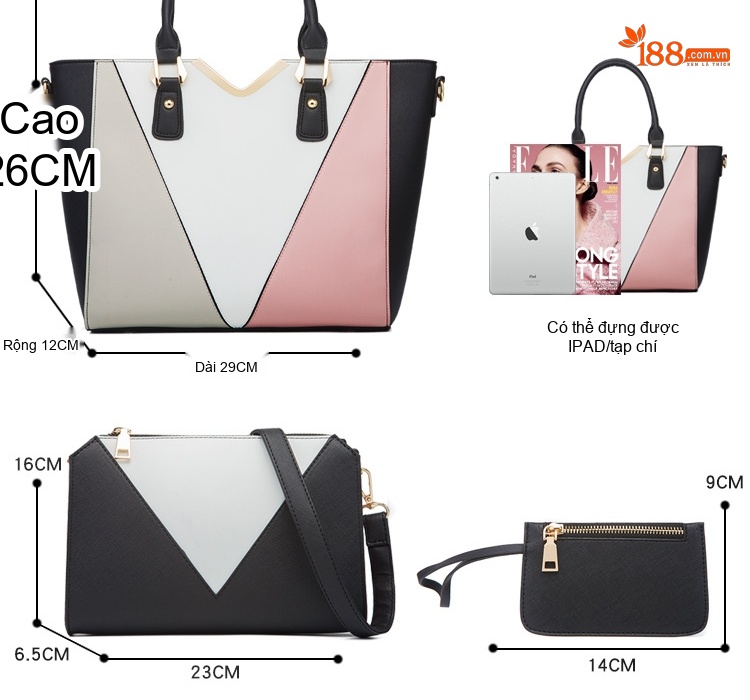 Túi Xách Nữ Set 4 Món Da Bóng Đeo Chéo Thời Trang Màu Đen, Trắng, Hồng, Vàng... chi tiết 8