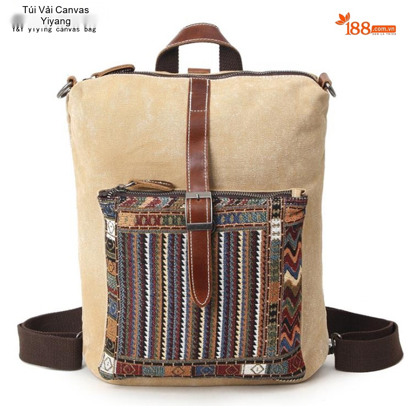Balo Đôi Nữ Vải Canvas Phối Da Thật Họa Tiết Dân Tộc Màu Be, Xám, Xanh, Đen