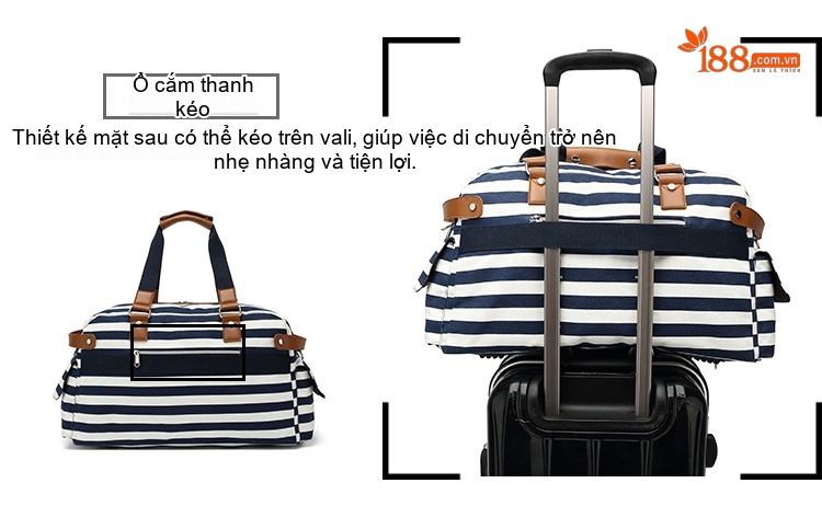 Túi Du Lịch Vải Canvas Da PU Sức Chứa Lớn Đựng Đồ Tập Gym Đi Phượt Màu Xanh Navy Sọc Trắng chi tiết 9