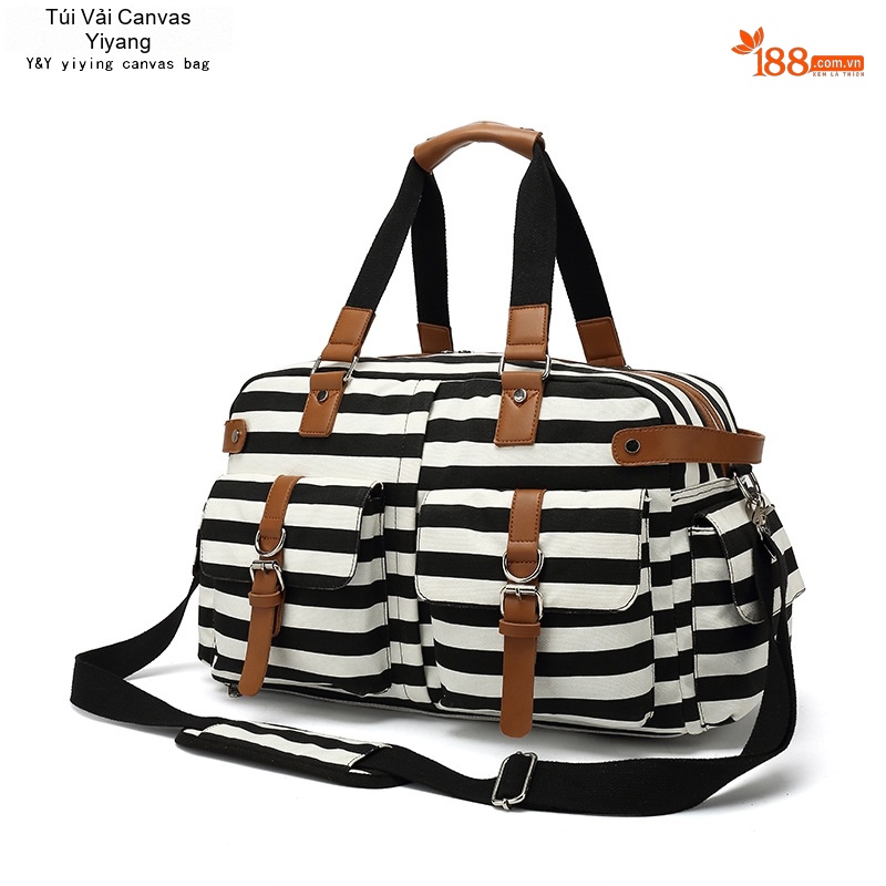Túi Du Lịch Vải Canvas Da PU Sức Chứa Lớn Đựng Đồ Tập Gym Đi Phượt Màu Xanh Navy Sọc Trắng