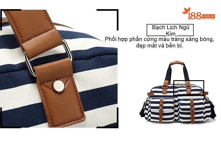 Túi Du Lịch Vải Canvas Da PU Sức Chứa Lớn Đựng Đồ Tập Gym Đi Phượt Màu Xanh Navy Sọc Trắng chi tiết 8