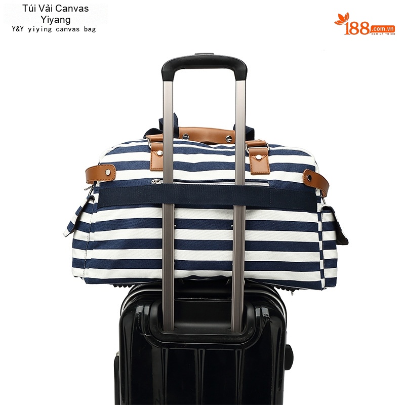 Túi Du Lịch Vải Canvas Da PU Sức Chứa Lớn Đựng Đồ Tập Gym Đi Phượt Màu Xanh Navy Sọc Trắng