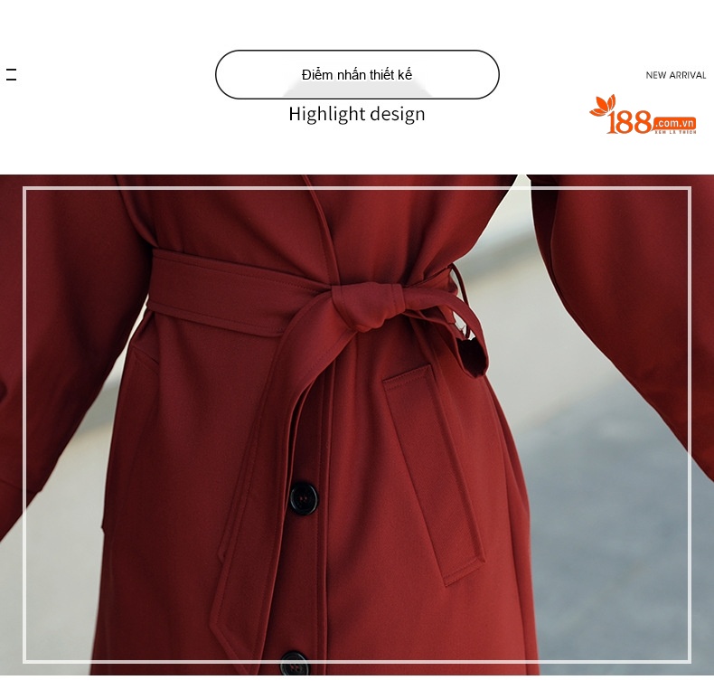 Áo Khoác Trench Coat Nữ Dáng Dài Qua Gối Phong Cách Hàn Quốc Màu Nâu, Đỏ chi tiết 4