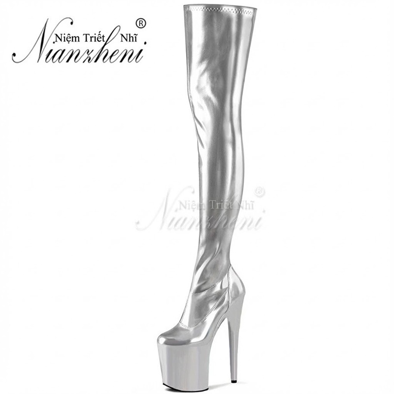 Boot Nữ Da Bóng Cổ Cao Qua Gối Gót Nhọn Chiều Cao Đế Khoảng 20cm Màu Hồng, Bạc, Vàng Đồng