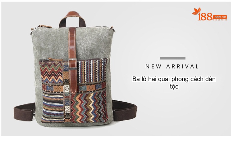 Balo Đôi Nữ Vải Canvas Phối Da Thật Họa Tiết Dân Tộc Màu Be, Xám, Xanh, Đen chi tiết 1