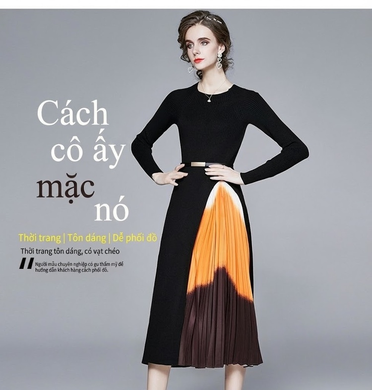 Váy liền thân Nữ Dệt Kim Cổ Tròn Tay Dài Xòe Chữ A Phối Màu Ombre Xếp Ly Màu Đen, Cam, Nâu chi tiết 3