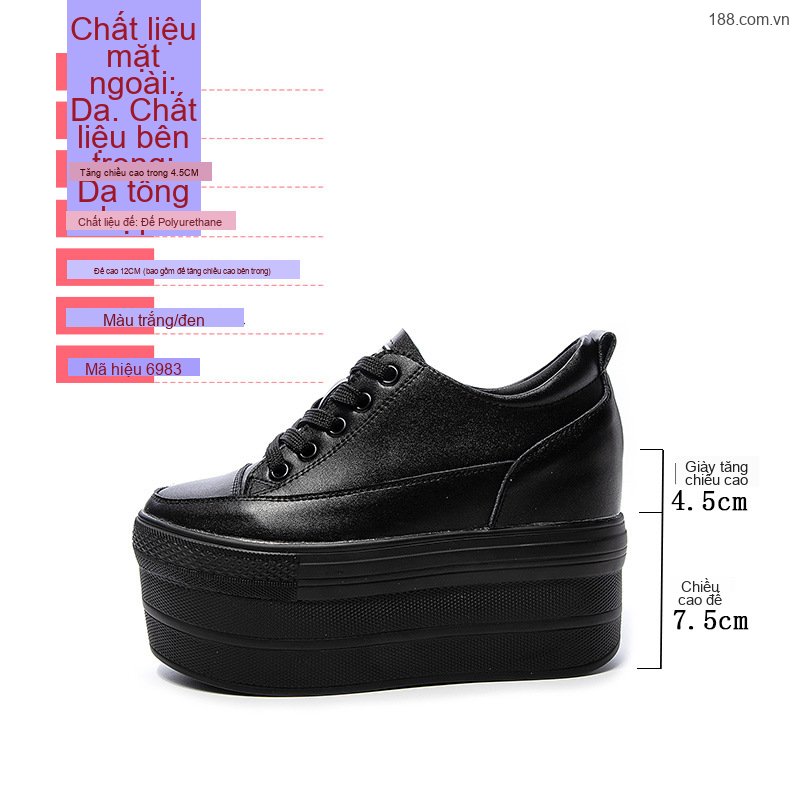 Giày Sneaker Nữ Da Bóng Đế Dày Chiều Cao Đế 7.5cm Tăng Chiều Cao Màu Đen, Trắng