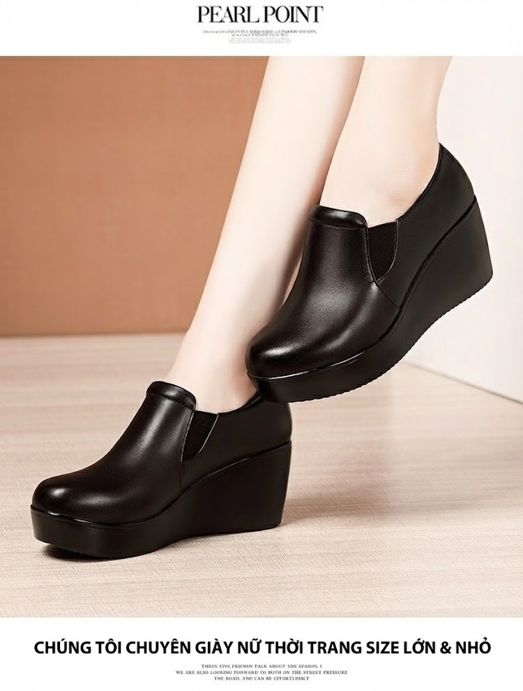 Giày Lười Nữ Da Bóng Đế Xuồng Chiều Cao Đế Khoảng 5cm Màu Đen chi tiết 9