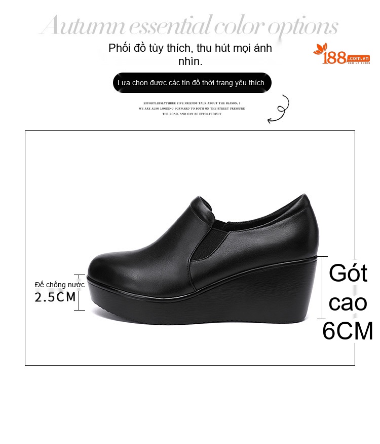 Giày Lười Nữ Da Bóng Đế Xuồng Chiều Cao Đế Khoảng 5cm Màu Đen chi tiết 3