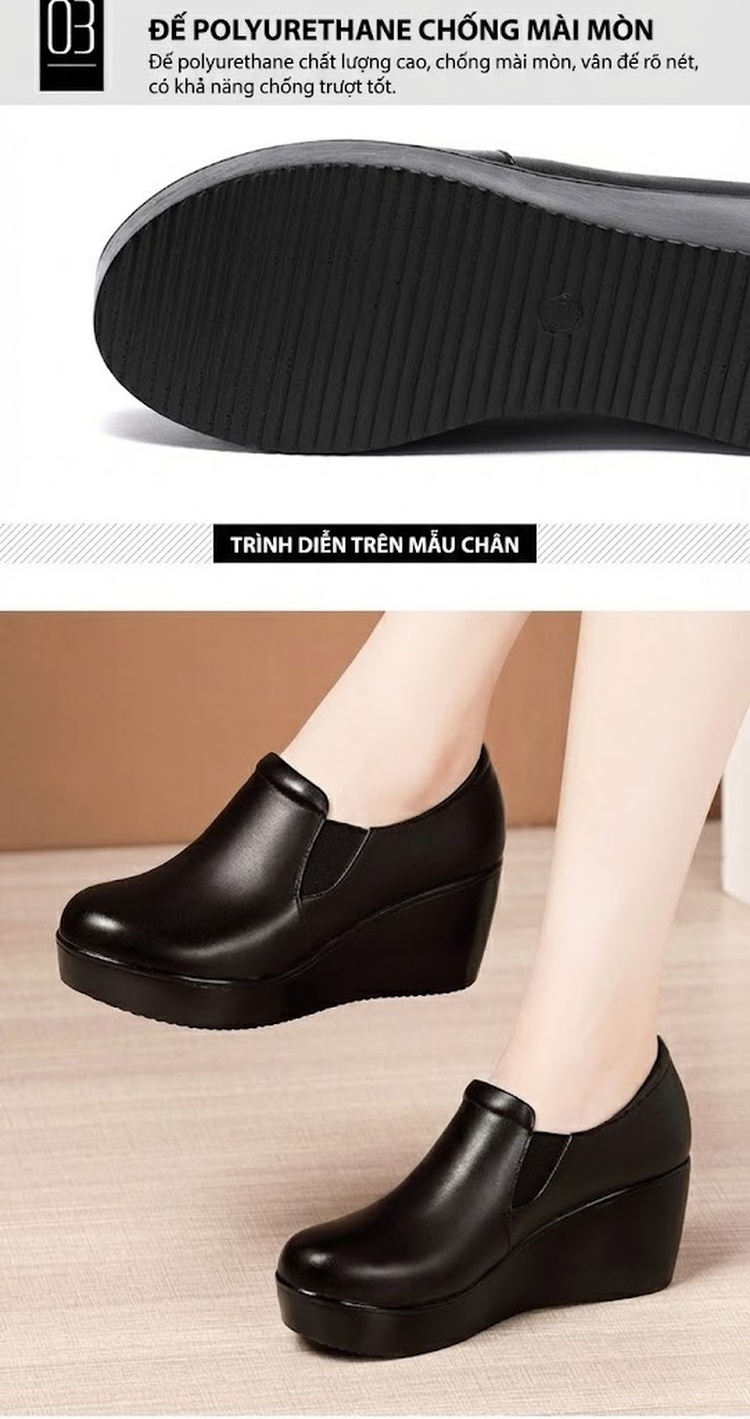 Giày Lười Nữ Da Bóng Đế Xuồng Chiều Cao Đế Khoảng 5cm Màu Đen chi tiết 7