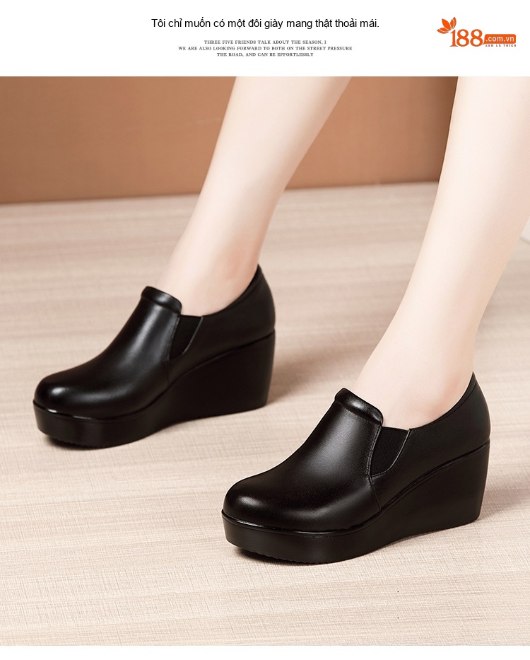 Giày Lười Nữ Da Bóng Đế Xuồng Chiều Cao Đế Khoảng 5cm Màu Đen chi tiết 8