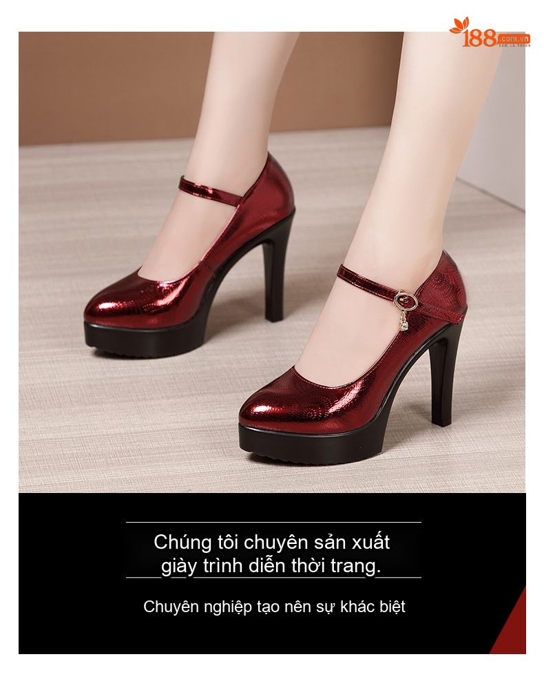 Giày Cao Gót Nữ Mũi Nhọn Quai Ngang Da Bóng Chiều Cao Đế Khoảng 9cm Màu Đen, Đỏ, Bạc chi tiết 3