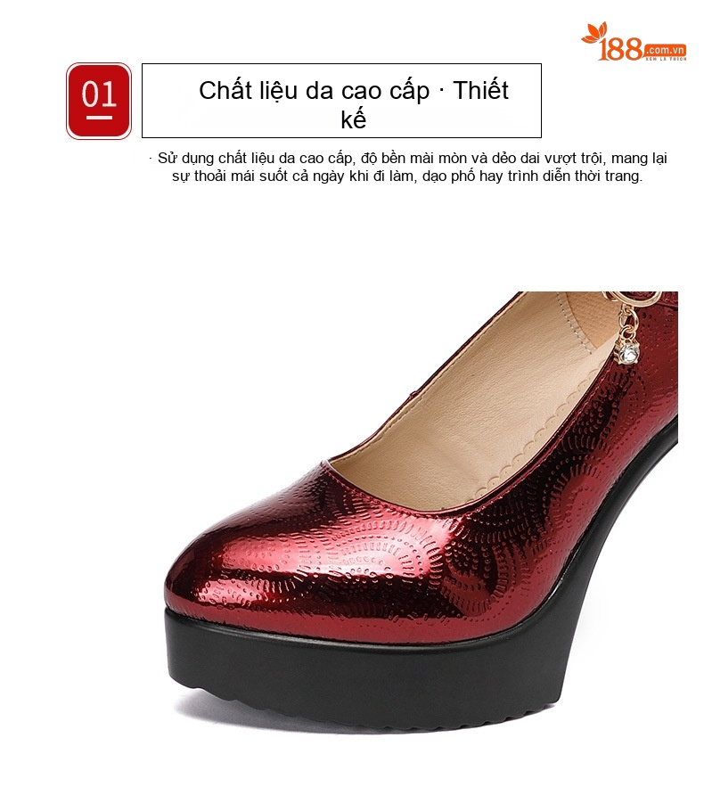 Giày Cao Gót Nữ Mũi Nhọn Quai Ngang Da Bóng Chiều Cao Đế Khoảng 9cm Màu Đen, Đỏ, Bạc chi tiết 4