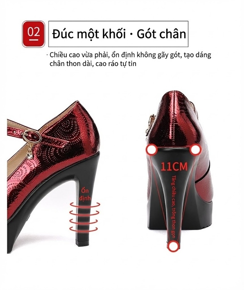 Giày Cao Gót Nữ Mũi Nhọn Quai Ngang Da Bóng Chiều Cao Đế Khoảng 9cm Màu Đen, Đỏ, Bạc chi tiết 5
