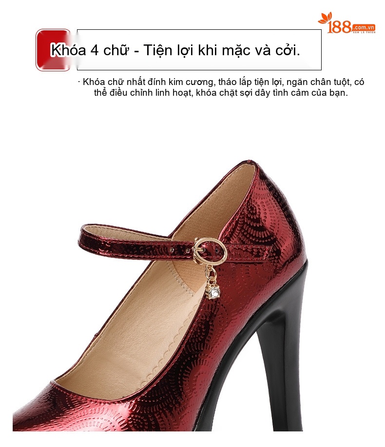 Giày Cao Gót Nữ Mũi Nhọn Quai Ngang Da Bóng Chiều Cao Đế Khoảng 9cm Màu Đen, Đỏ, Bạc chi tiết 7