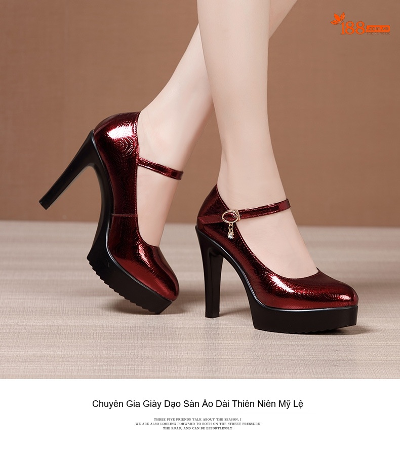 Giày Cao Gót Nữ Mũi Nhọn Quai Ngang Da Bóng Chiều Cao Đế Khoảng 9cm Màu Đen, Đỏ, Bạc chi tiết 9
