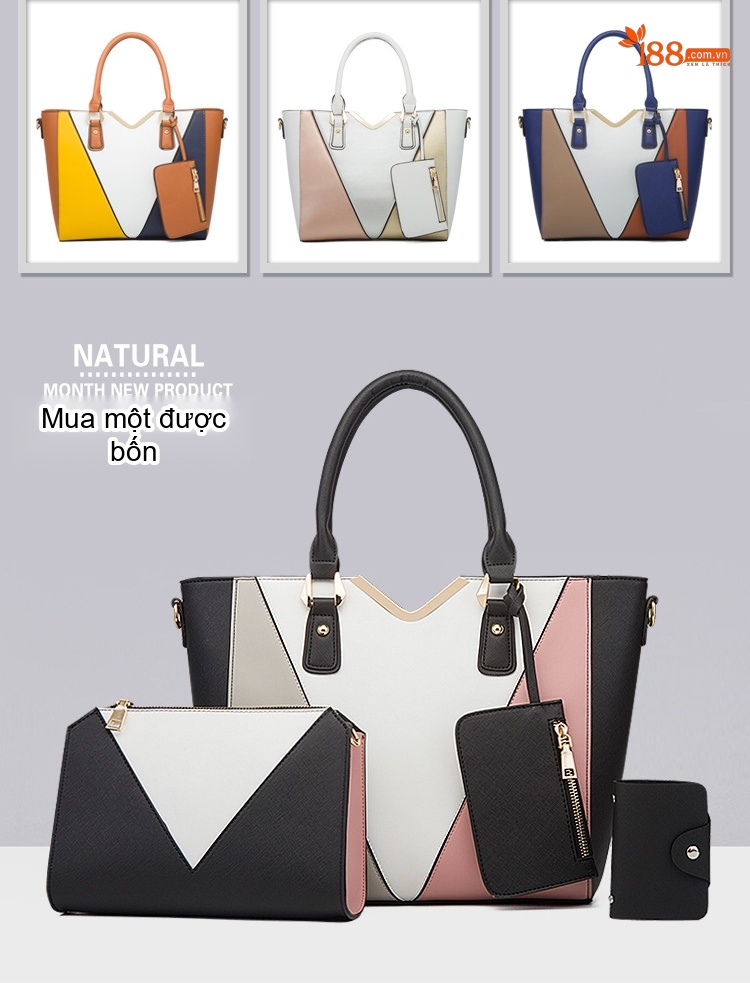 Túi Xách Nữ Set 4 Món Da Bóng Đeo Chéo Thời Trang Màu Đen, Trắng, Hồng, Vàng... chi tiết 3