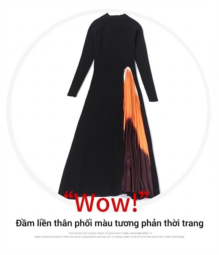 Váy liền thân Nữ Dệt Kim Cổ Tròn Tay Dài Xòe Chữ A Phối Màu Ombre Xếp Ly Màu Đen, Cam, Nâu chi tiết 2