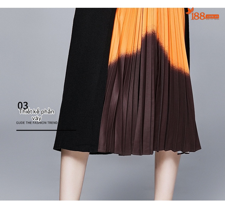 Váy liền thân Nữ Dệt Kim Cổ Tròn Tay Dài Xòe Chữ A Phối Màu Ombre Xếp Ly Màu Đen, Cam, Nâu chi tiết 10