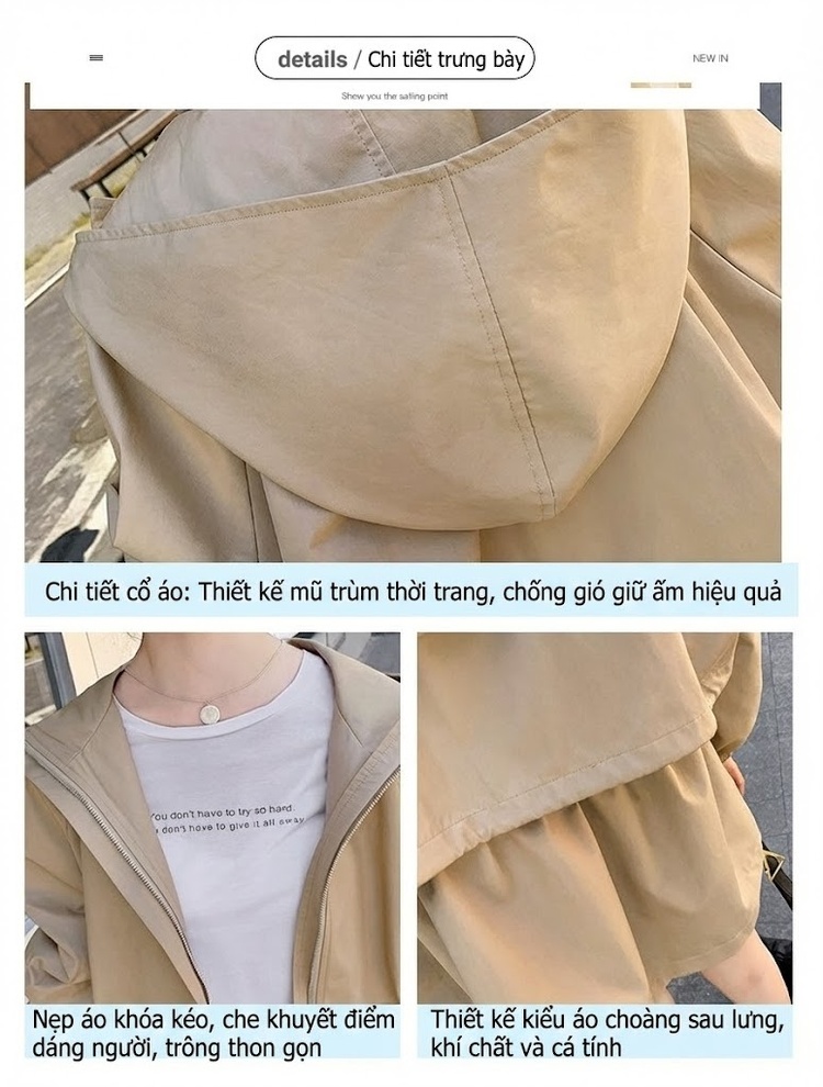 Áo Khoác Gió Nữ Dáng Ngắn Có Mũ Trùm Đầu Dây Rút Khóa Kéo Tay Dài Màu Be chi tiết 4