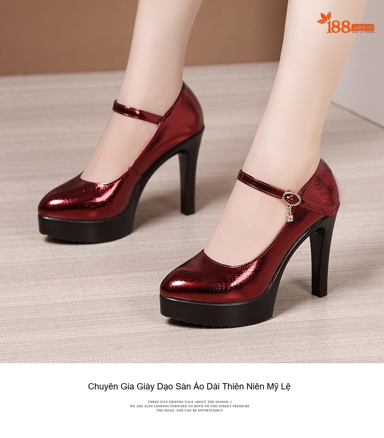 Giày Cao Gót Nữ Mũi Nhọn Quai Ngang Da Bóng Chiều Cao Đế Khoảng 9cm Màu Đen, Đỏ, Bạc chi tiết 8