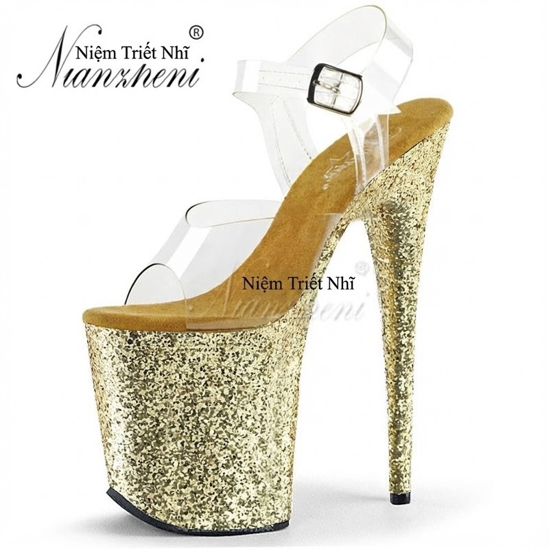 Giày Sandal Cao Gót Nữ Quai Hậu Lấp Lánh Gót Cao 10cm - 12cm Màu Xanh, Đỏ, Đen, Bạc... chi tiết 9
