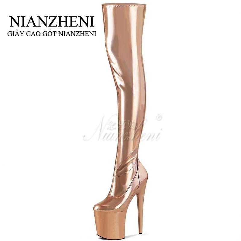 Boot Nữ Da Bóng Cổ Cao Qua Gối Gót Nhọn Chiều Cao Đế Khoảng 20cm Màu Hồng, Bạc, Vàng Đồng