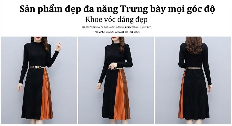 Váy liền thân Nữ Dệt Kim Cổ Tròn Tay Dài Xòe Chữ A Phối Màu Ombre Xếp Ly Màu Đen, Cam, Nâu chi tiết 11
