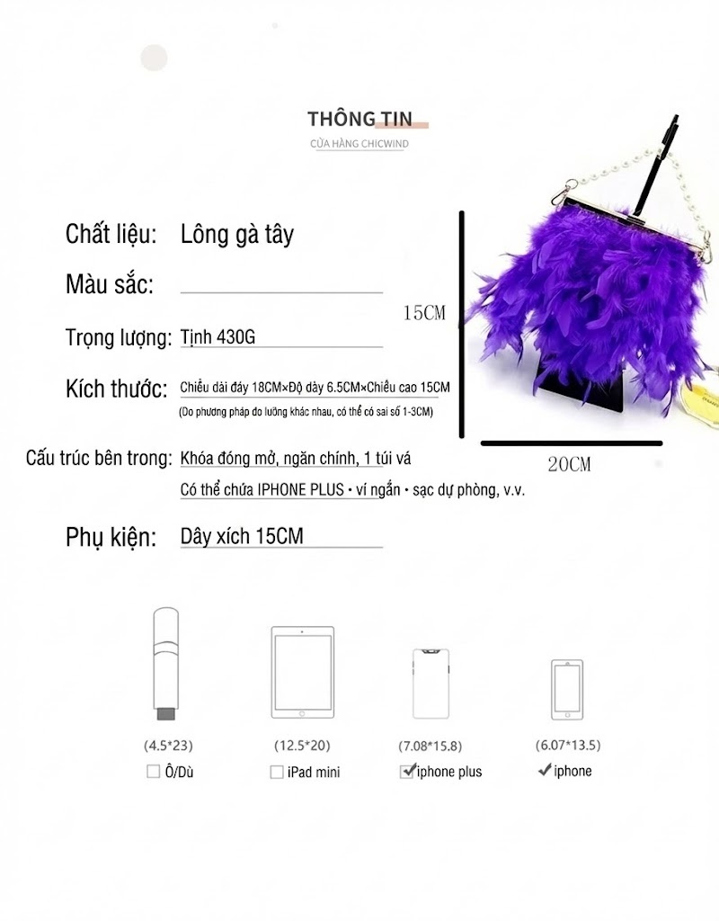 Túi Xách Nữ Lông Vũ Dây Xích Ngọc Trai Đeo Vai Cầm Tay Màu Tím, Xanh Lá, Tím Than, Đỏ chi tiết 15