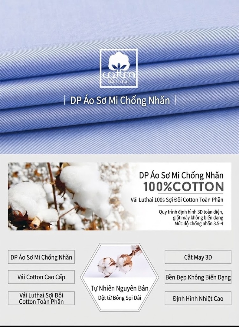 Áo Sơ Mi Nam Tay Ngắn Cotton Dáng Ôm Chống Nhăn Màu Xanh, Trắng chi tiết 1