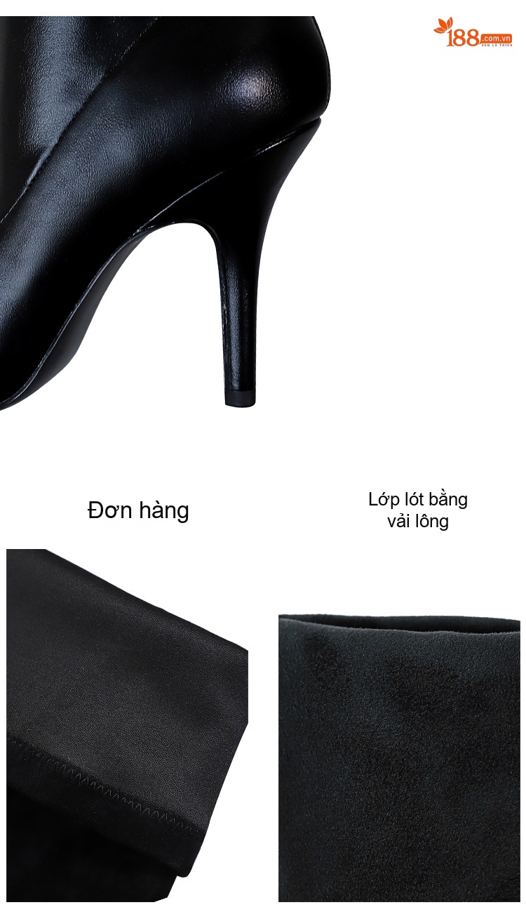 Boot Nữ Ôm Chân Da Bóng Gót Nhọn Dáng Dài Qua Gối Chiều Cao Đế Khoảng 8cm Màu Đen chi tiết 19
