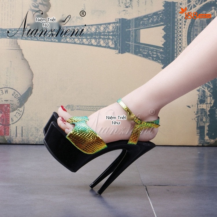 Giày Sandal Cao Gót Nữ Hở Ngón Quai Họa Tiết Gót Cao 15cm Màu Vàng Gold chi tiết 14