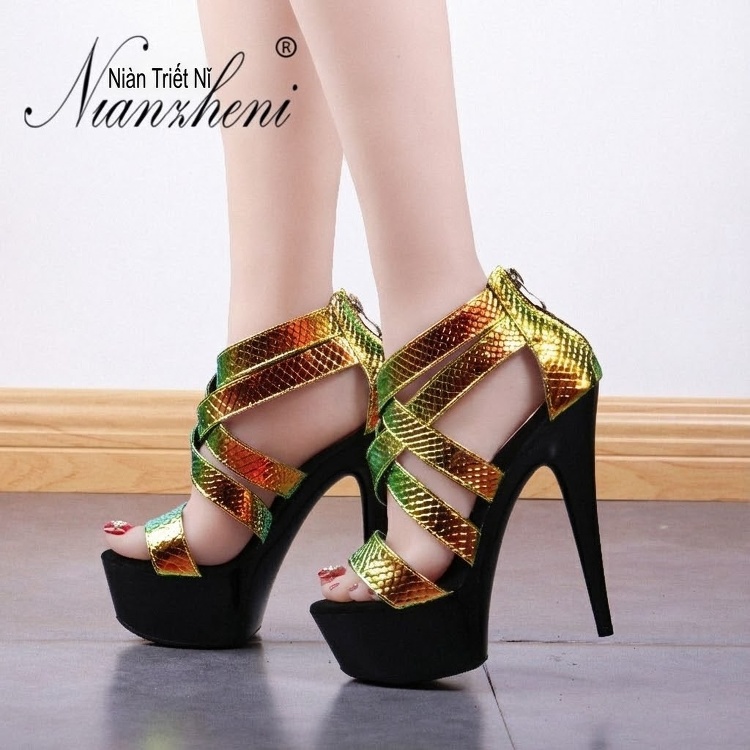 Giày Sandal Cao Gót Nữ Quai Chéo Bề Mặt Ánh Kim Gót Cao 15cm Màu Đen, Vàng, Xanh... chi tiết 19