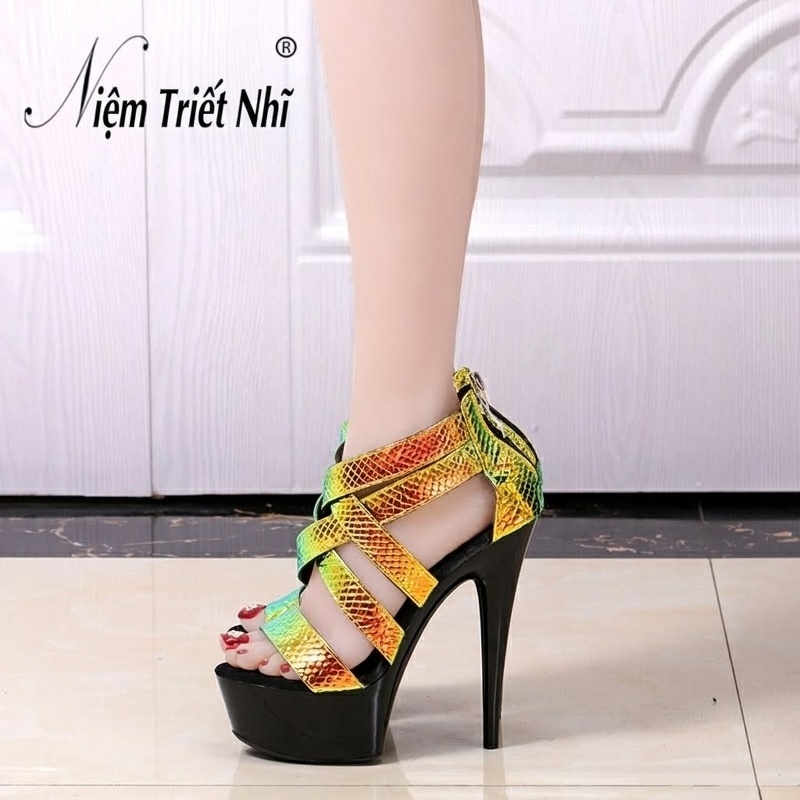 Giày Sandal Cao Gót Nữ Quai Chéo Bề Mặt Ánh Kim Gót Cao 15cm Màu Đen, Vàng, Xanh... chi tiết 6