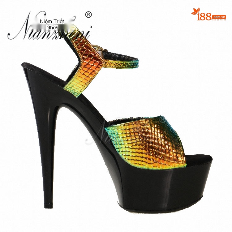 Giày Sandal Cao Gót Nữ Hở Ngón Quai Họa Tiết Gót Cao 15cm Màu Vàng Gold chi tiết 27