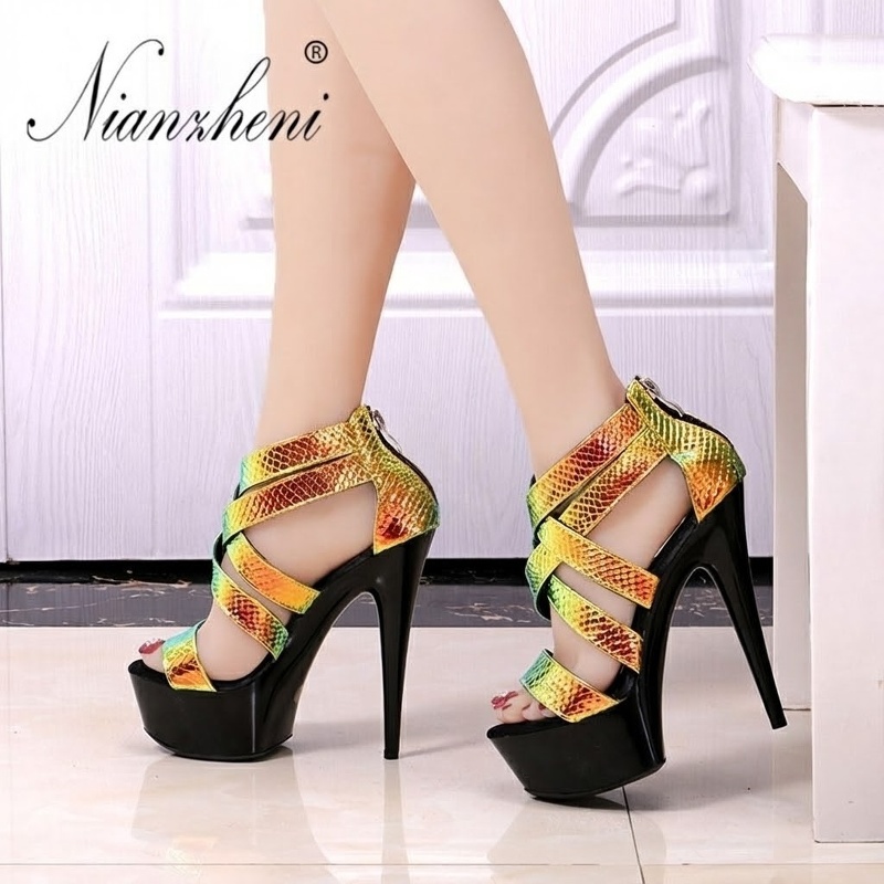 Giày Sandal Cao Gót Nữ Quai Chéo Bề Mặt Ánh Kim Gót Cao 15cm Màu Đen, Vàng, Xanh... chi tiết 9