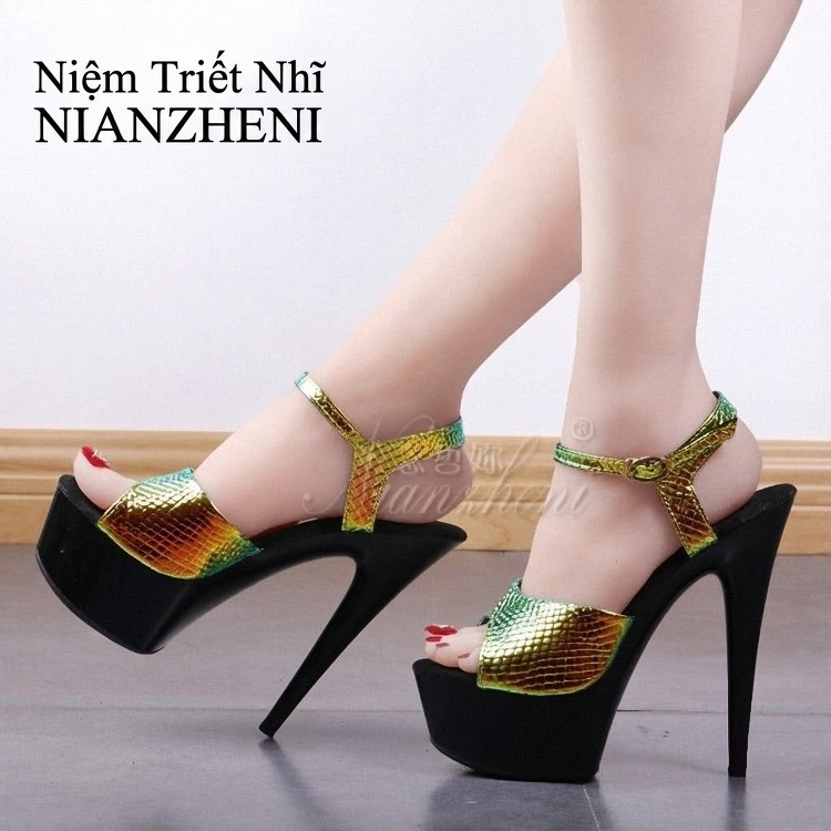 Giày Sandal Cao Gót Nữ Hở Ngón Quai Họa Tiết Gót Cao 15cm Màu Vàng Gold chi tiết 2
