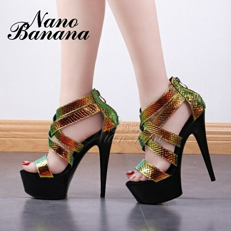 Giày Sandal Cao Gót Nữ Quai Chéo Bề Mặt Ánh Kim Gót Cao 15cm Màu Đen, Vàng, Xanh... chi tiết 20