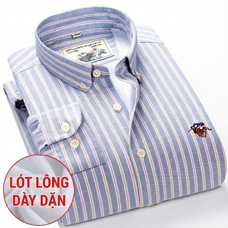 Áo Sơ Mi Nam Cotton Lót Lông Dày Dặn Tay Dài Kẻ Sọc Màu Trắng, Xanh Dương, Hồng, Xanh Navy...