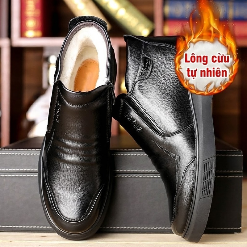 Giày Cao Cổ Nam Da Bò Lót Lông Chiều Cao Đế Khoảng 3cm Màu Đen