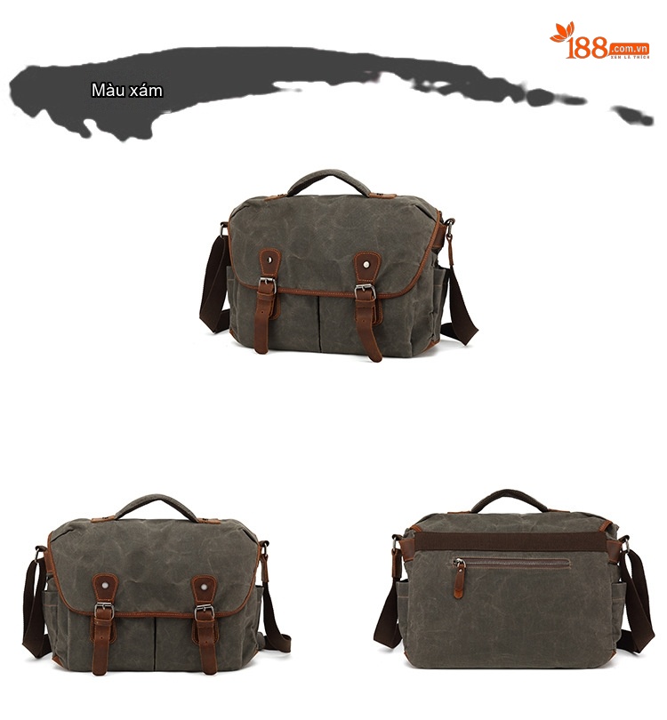 Túi Đeo Chéo Vải Canvas Đựng Máy Ảnh Phong Cách Retro Cho Nam Màu Nâu, Xanh Rêu chi tiết 8