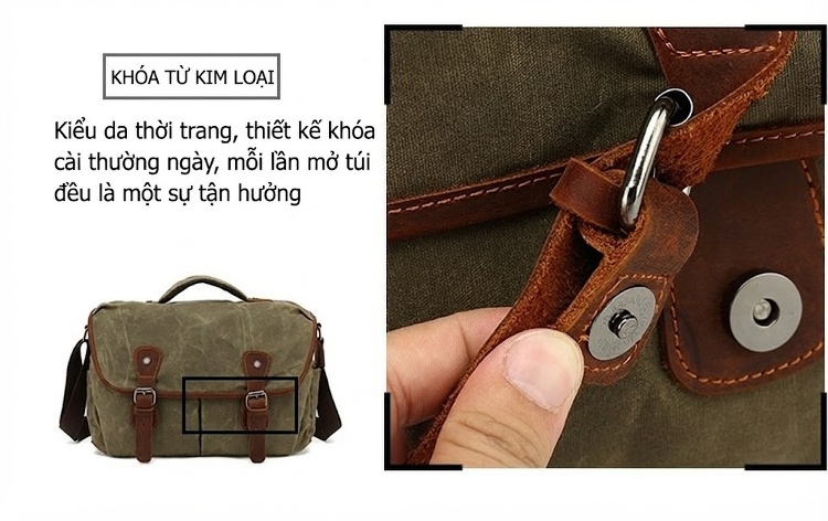 Túi Đeo Chéo Vải Canvas Đựng Máy Ảnh Phong Cách Retro Cho Nam Màu Nâu, Xanh Rêu chi tiết 12